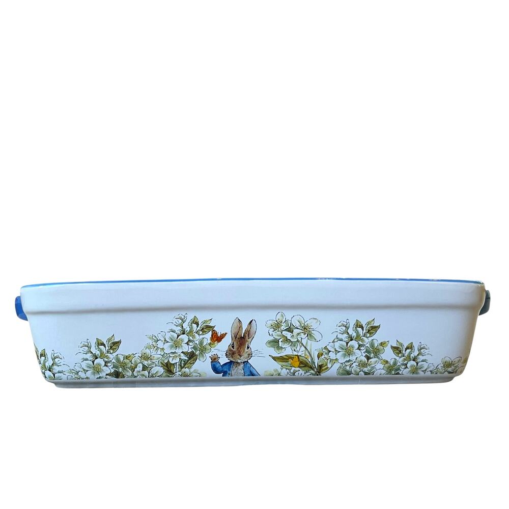 Beatrix Potter Peter Rabbit Rectangular Ceramic Baker Blue Rim Easter  NEW - Picture 5 of 15